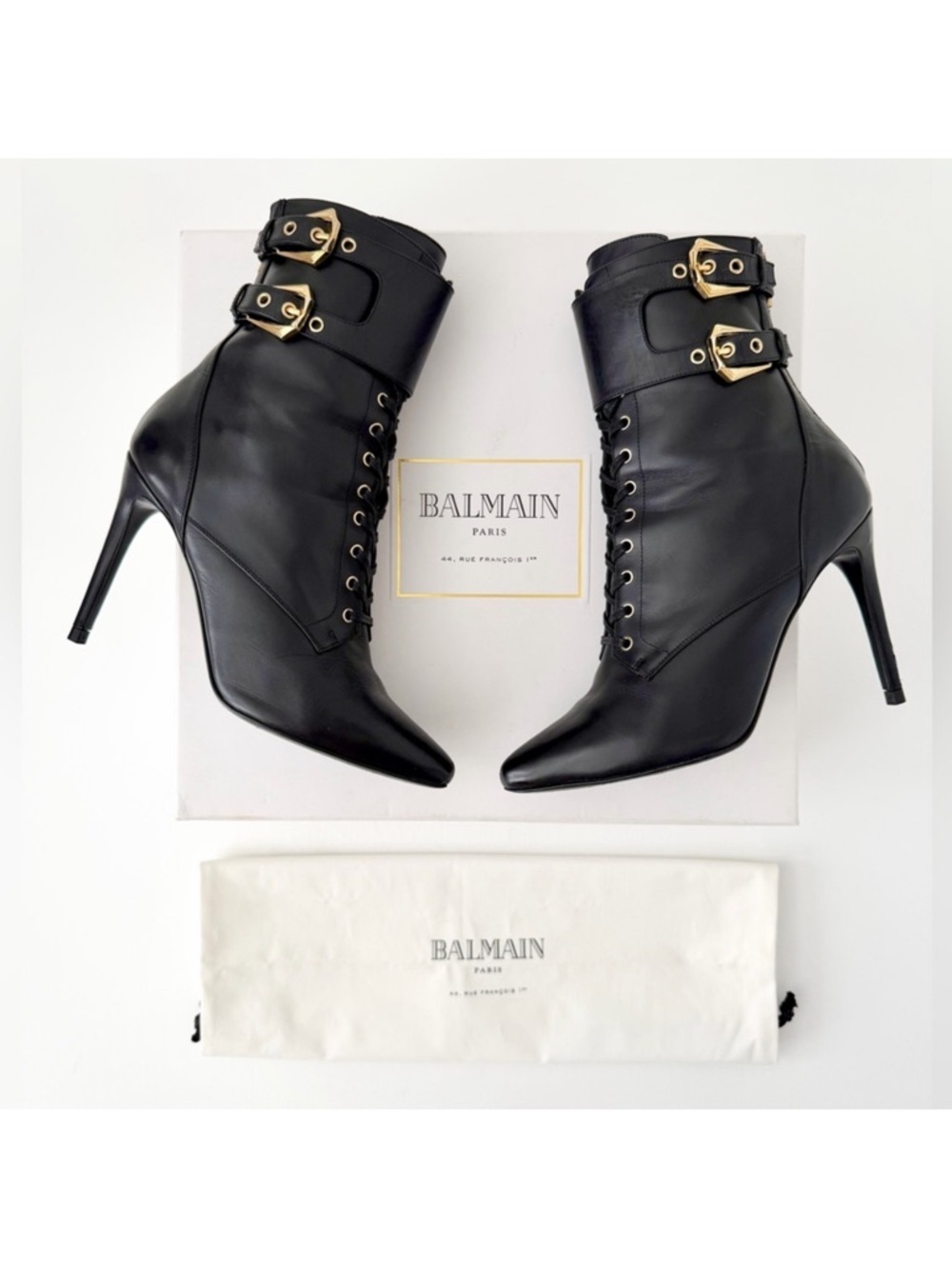 BALMAIN || Nina Black Leather Buckle Lace Up Ankle Boots‎ Stiletto Heels EU 38
